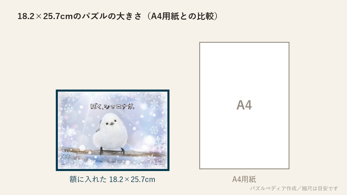 18.2×25.7cmのパズルの大きさとA4用紙の比較図