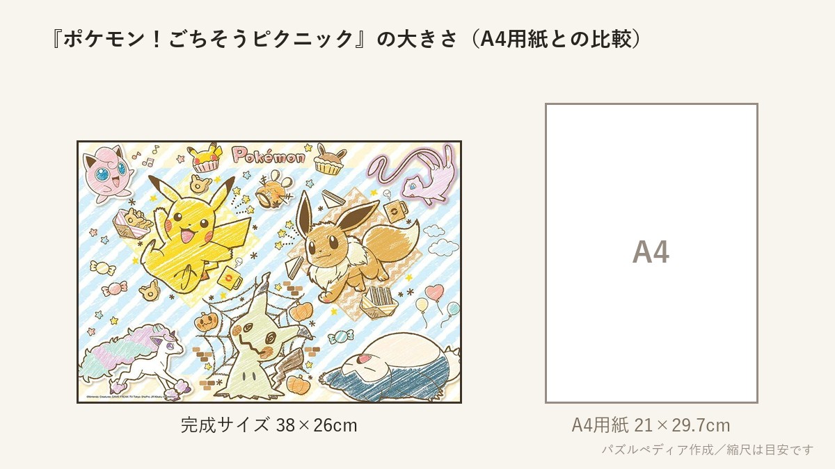 『ポケモン!ごちそうピクニック』の完成サイズ(38×26cm)とA4用紙の大きさの比較図