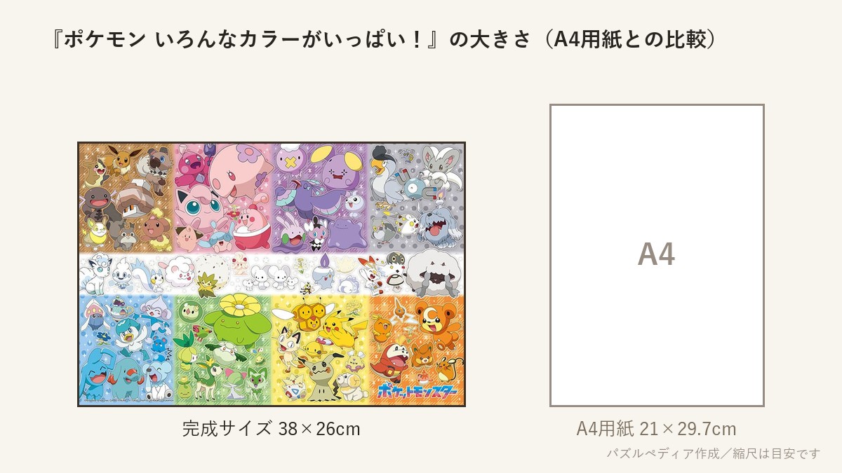 『ポケモン いろんなカラーがいっぱい!』の完成サイズ(38×26cm)とA4用紙の大きさの比較図