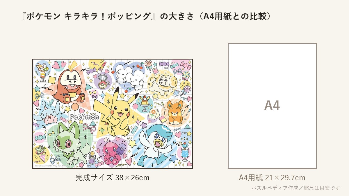 『ポケモン キラキラ!ポッピング』の完成サイズ(38×26cm)とA4用紙の大きさの比較図