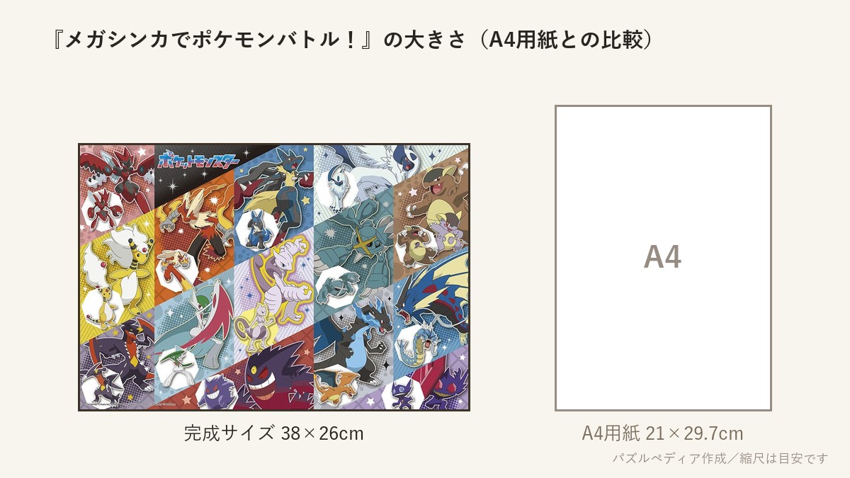 『メガシンカでポケモンバトル!』の完成サイズ(38×26cm)とA4用紙の大きさの比較図