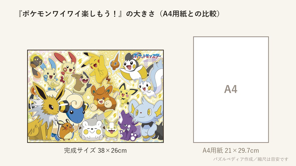『ポケモンワイワイ楽しもう!』の完成サイズ(38×26cm)とA4用紙の大きさの比較図