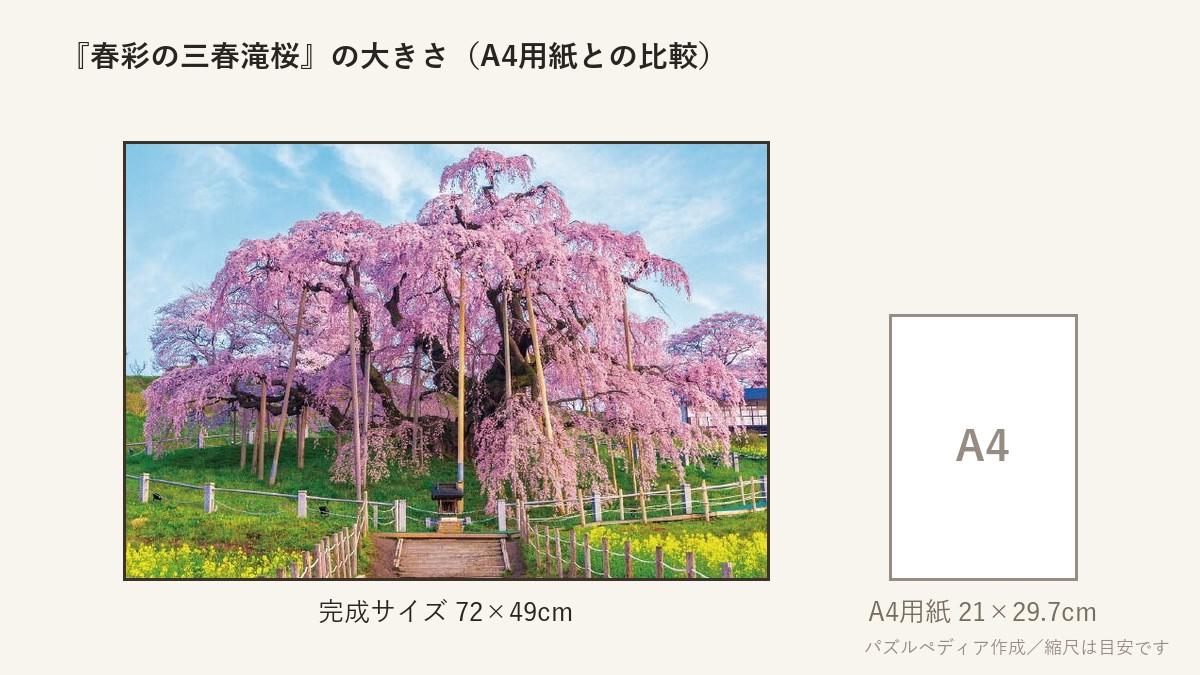 『春彩の三春滝桜』の完成サイズ（72×49cm）とA4用紙の大きさの比較図