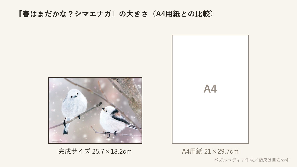 『春はまだかな?シマエナガ』の完成サイズ(25.7×18.2cm)とA4用紙の大きさの比較図