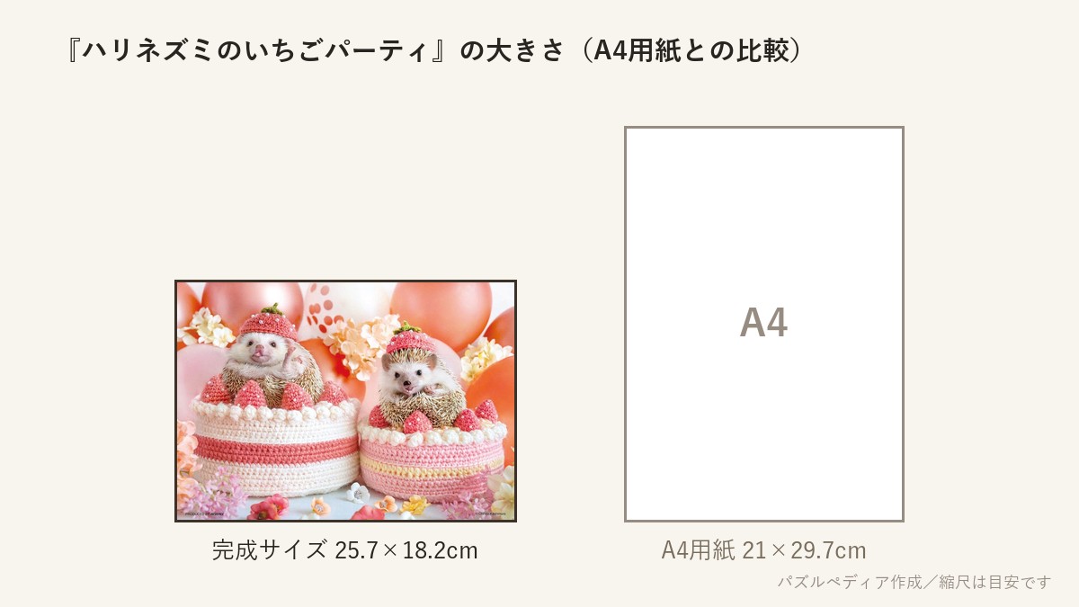『ハリネズミのいちごパーティ』の完成サイズ(25.7×18.2cm)とA4用紙の大きさの比較図