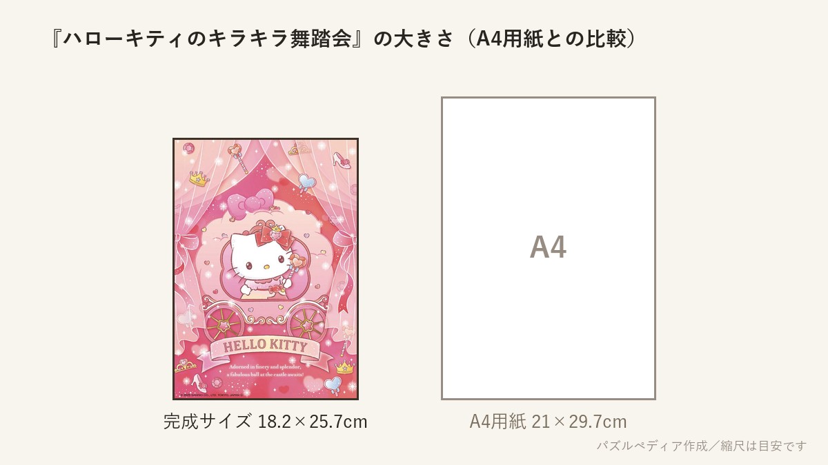『ハローキティのキラキラ舞踏会』の完成サイズ(18.2×25.7cm)とA4用紙の大きさの比較図
