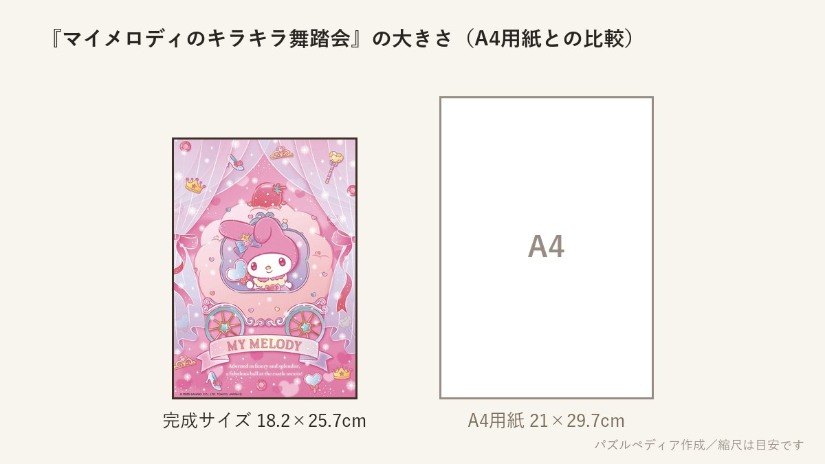 『マイメロディのキラキラ舞踏会』の完成サイズ(18.2×25.7cm)とA4用紙の大きさの比較図