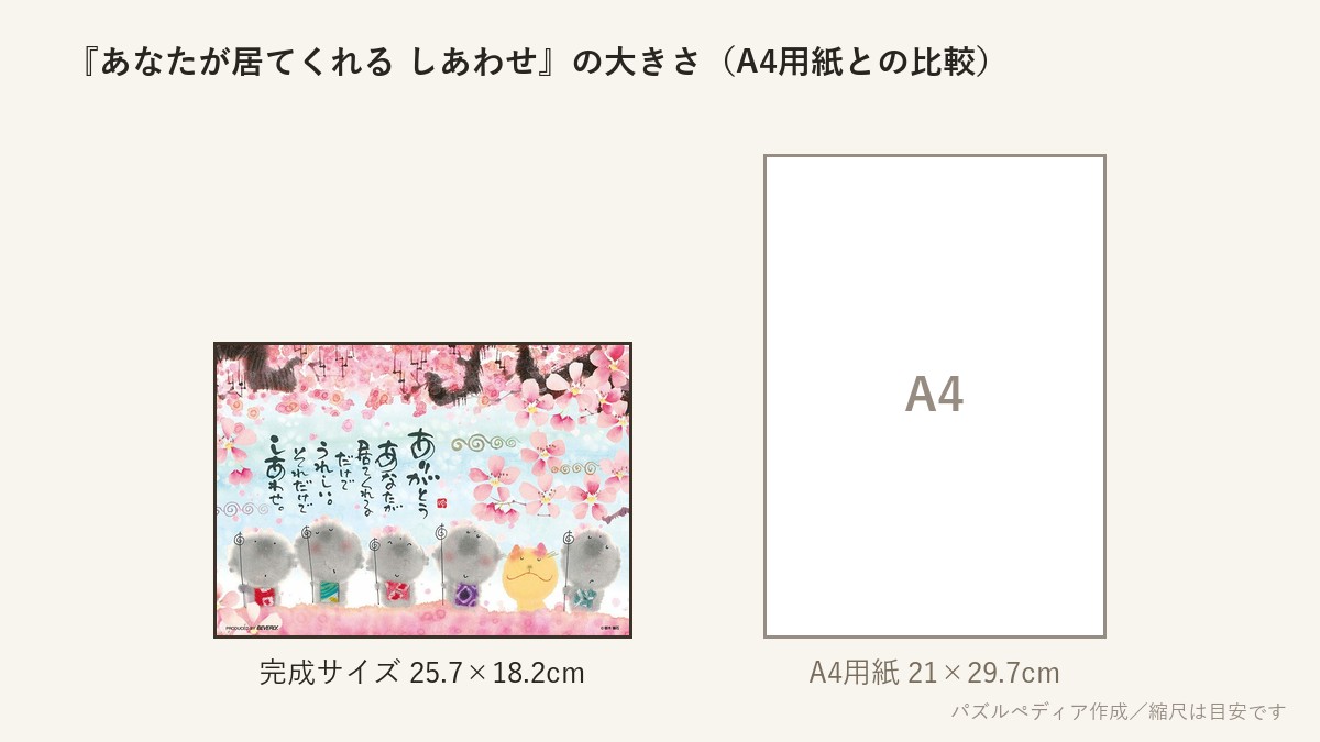 『あなたが居てくれる しあわせ』の完成サイズ（25.7×18.2cm）とA4用紙の大きさの比較図