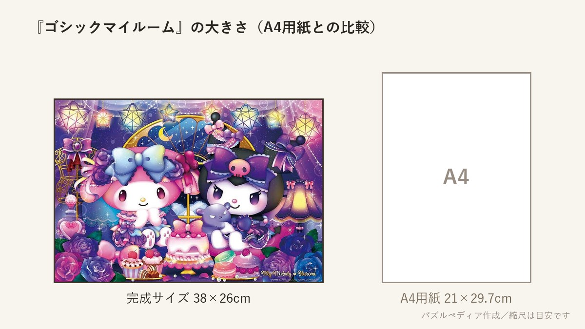 『ゴシックマイルーム』の完成サイズ(38×26cm)とA4用紙の大きさの比較図