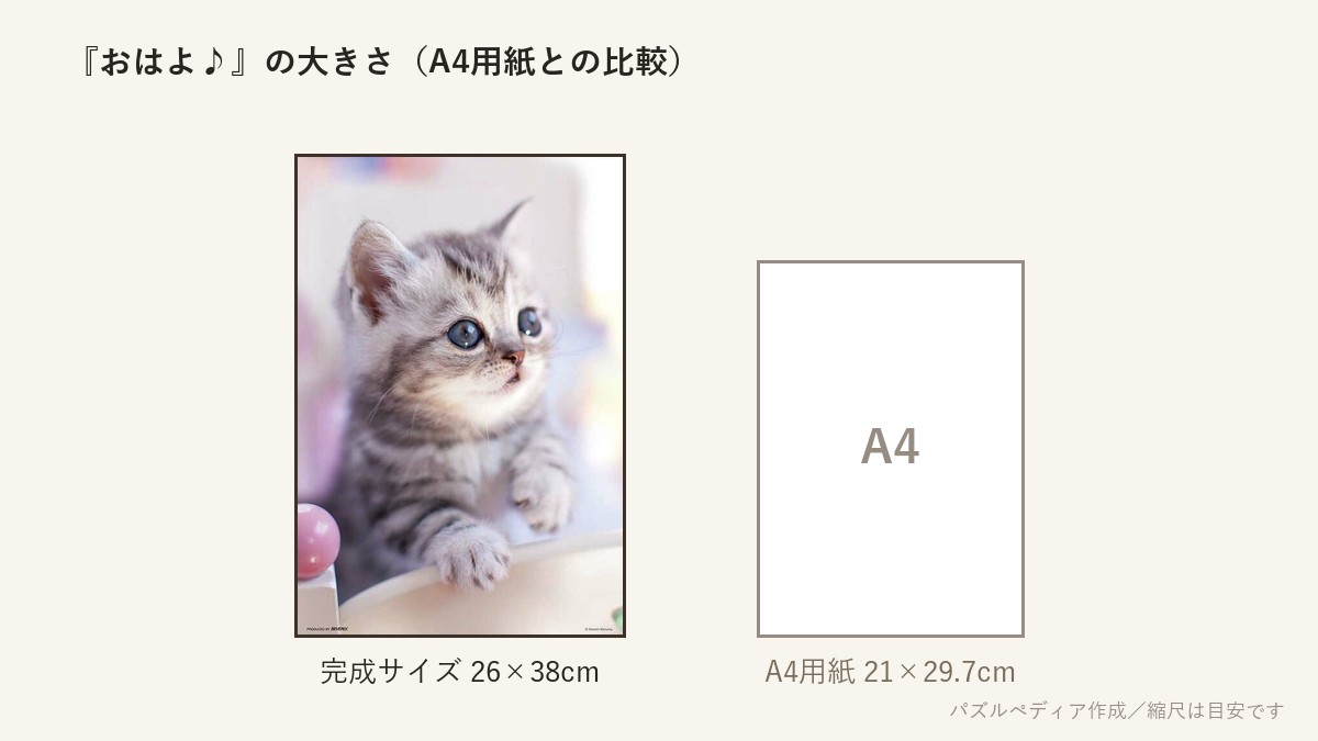 『おはよ♪』の完成サイズ(26×38cm)とA4用紙の大きさの比較図