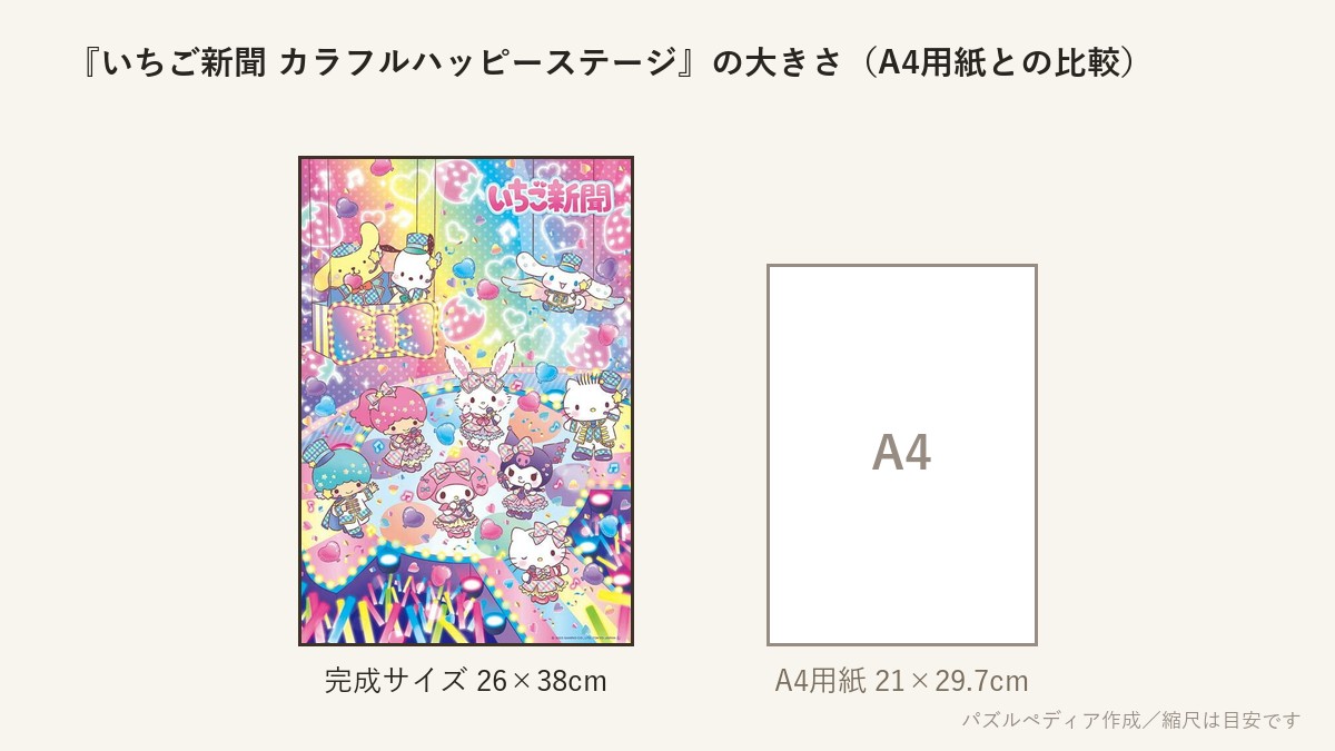 『いちご新聞 カラフルハッピーステージ』の完成サイズ（26×38cm）とA4用紙の大きさの比較図