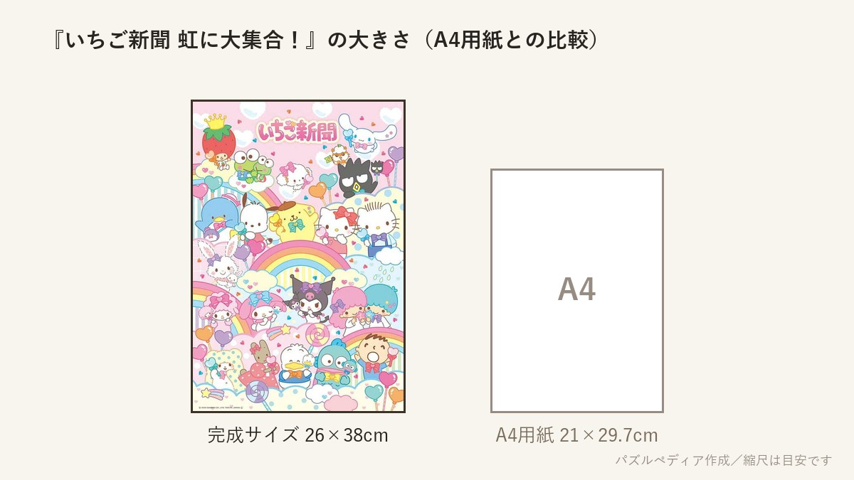 『いちご新聞 虹に大集合!』の完成サイズ(26×38cm)とA4用紙の大きさの比較図