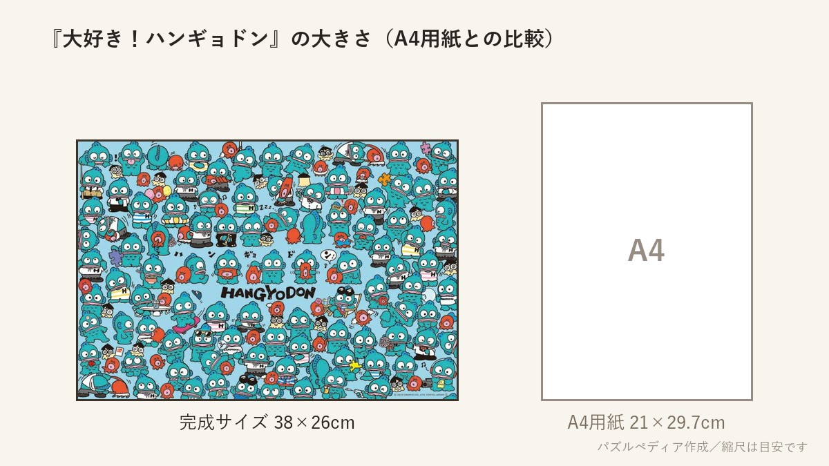 『大好き!ハンギョドン』の完成サイズ(38×26cm)とA4用紙の大きさの比較図