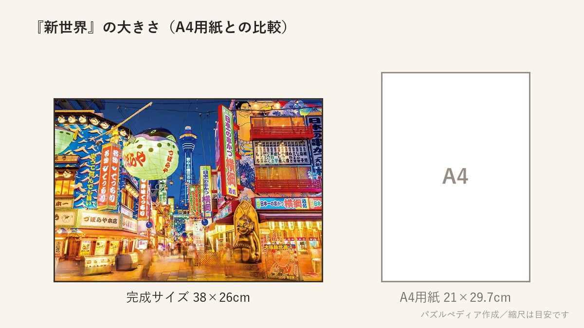 『新世界』の完成サイズ(38×26cm)とA4用紙の大きさの比較図