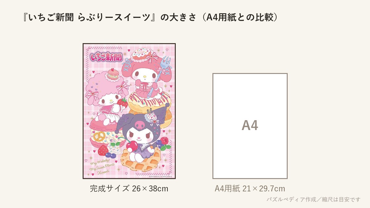 『いちご新聞 らぶりースイーツ』の完成サイズ(26×38cm)とA4用紙の大きさの比較図