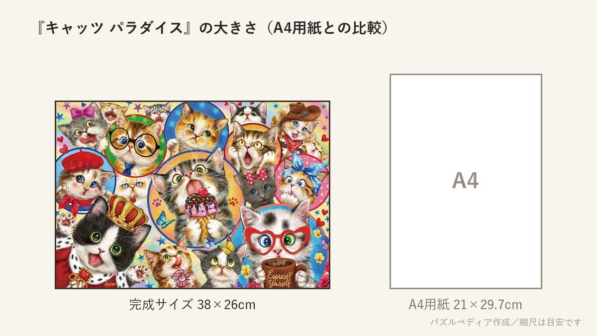 『キャッツ パラダイス』の完成サイズ（38×26cm）とA4用紙の大きさの比較図