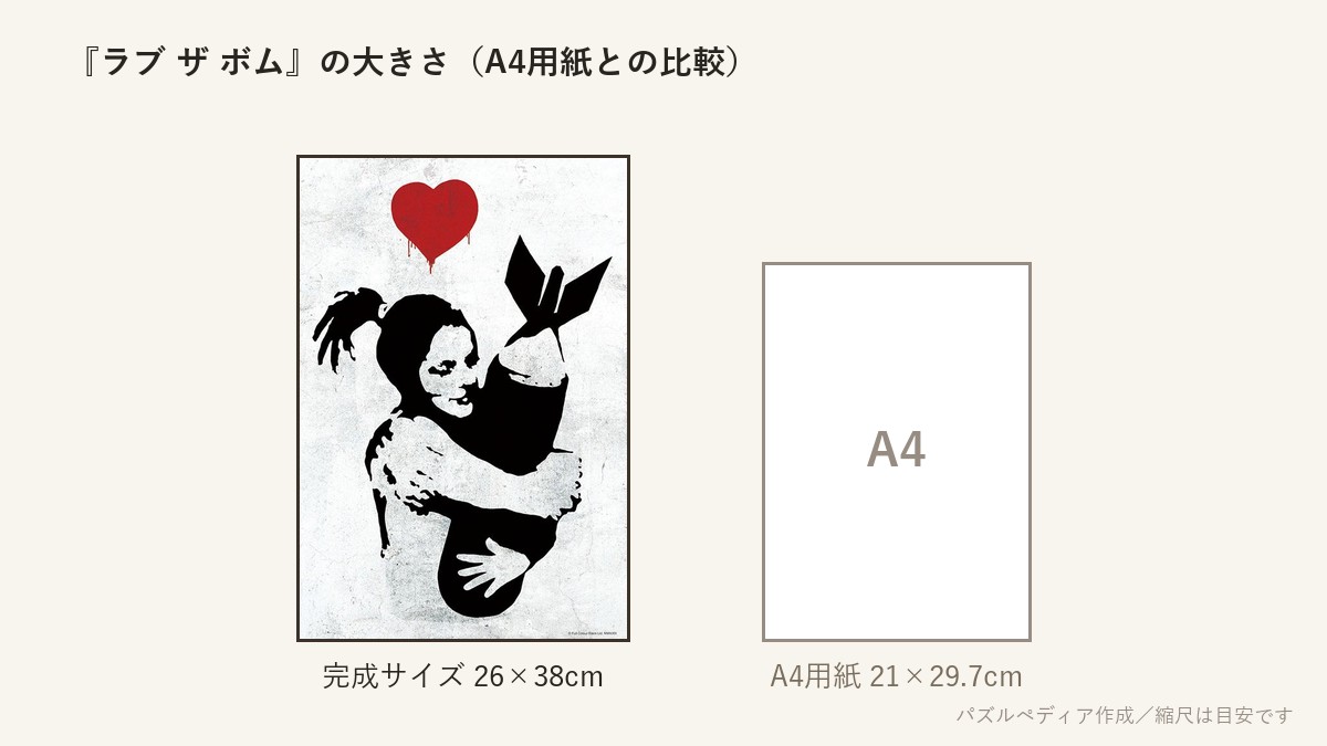 『ラブ ザ ボム（バンクシー）』の完成サイズ（26×38cm）とA4用紙の大きさの比較図