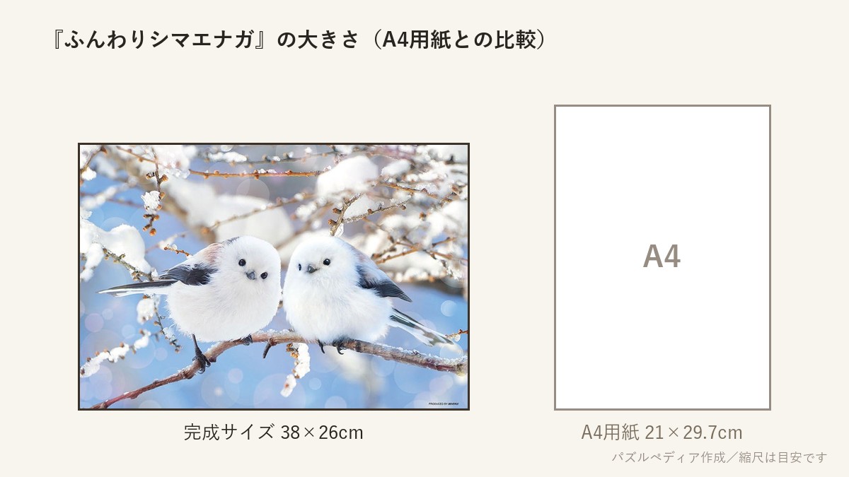 『ふんわりシマエナガ』の完成サイズ(38×26cm)とA4用紙の大きさの比較図