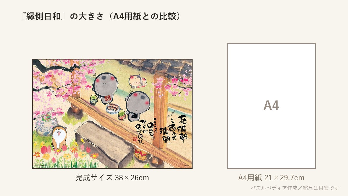 『縁側日和』の完成サイズ(38×26cm)とA4用紙の大きさの比較図