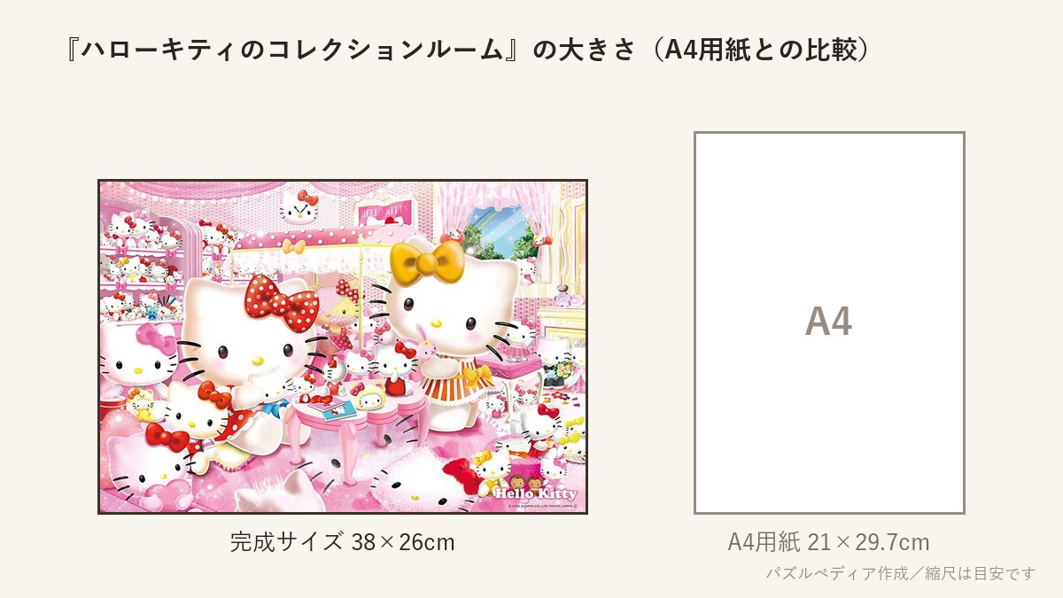 『ハローキティのコレクションルーム』の完成サイズ(38×26cm)とA4用紙の大きさの比較図