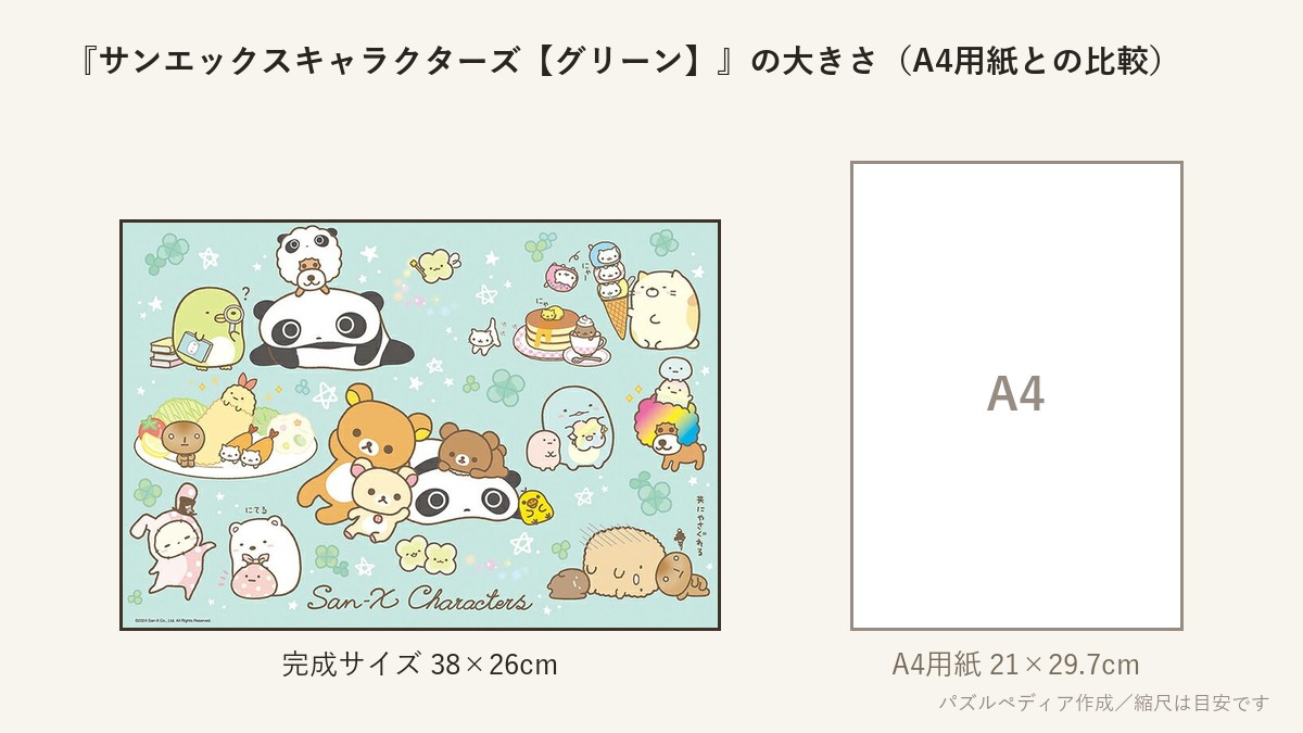 『サンエックスキャラクターズ【グリーン】』の完成サイズ(38×26cm)とA4用紙の大きさの比較図