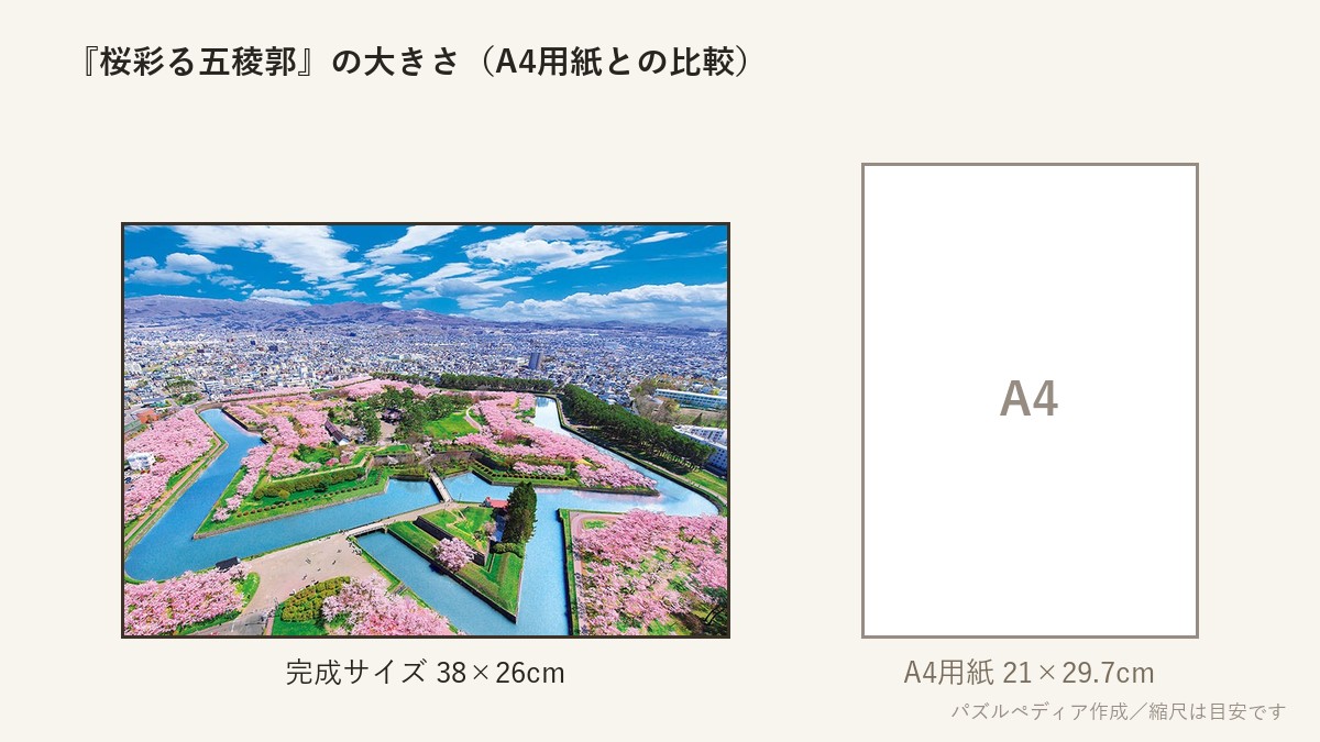 『桜彩る五稜郭』の完成サイズ(38×26cm)とA4用紙の大きさの比較図