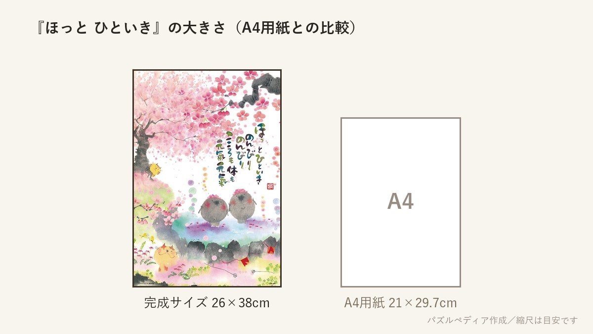 『ほっと ひといき』の完成サイズ(26×38cm)とA4用紙の大きさの比較図
