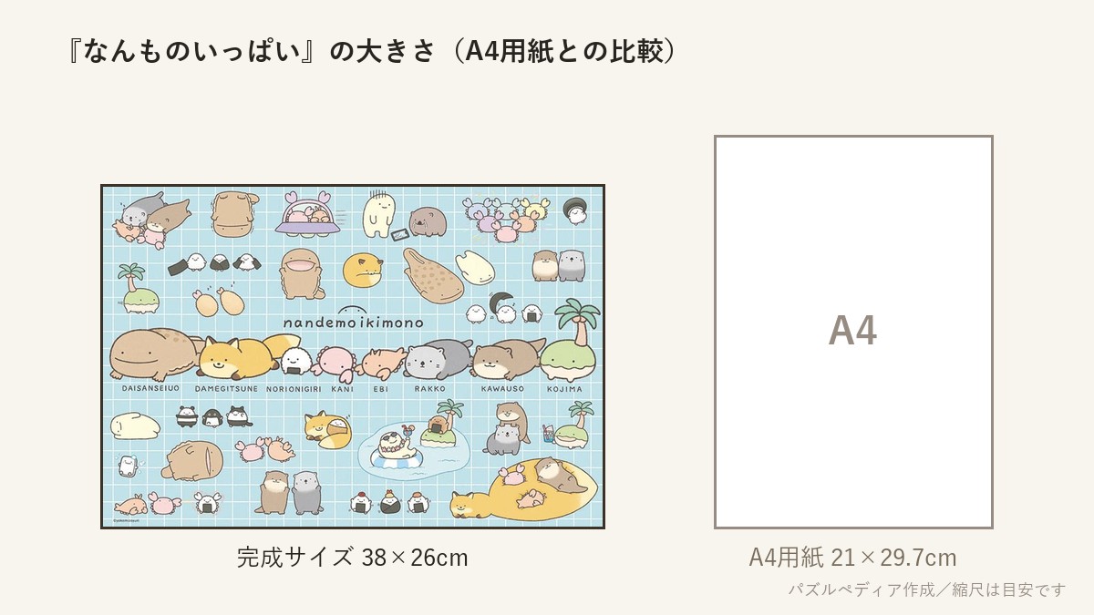 『なんものいっぱい』の完成サイズ(38×26cm)とA4用紙の大きさの比較図