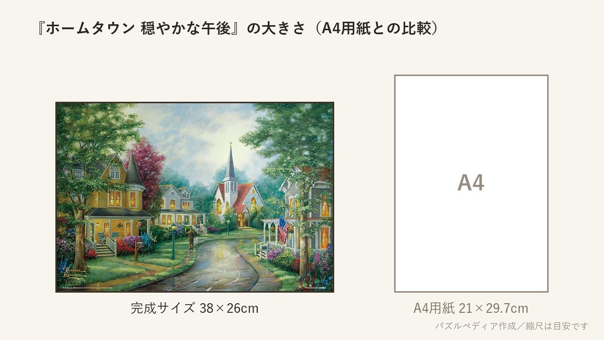 『ホームタウン 穏やかな午後』の完成サイズ(38×26cm)とA4用紙の大きさの比較図