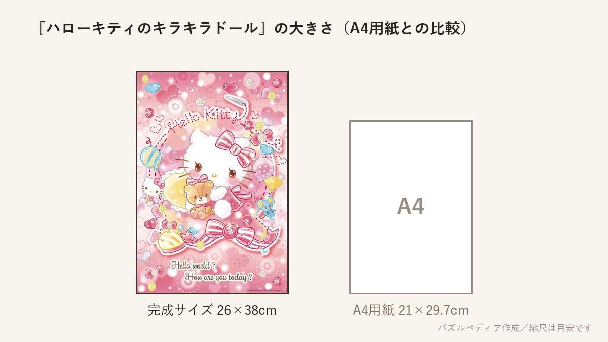 『ハローキティのキラキラドール』の完成サイズ(26×38cm)とA4用紙の大きさの比較図