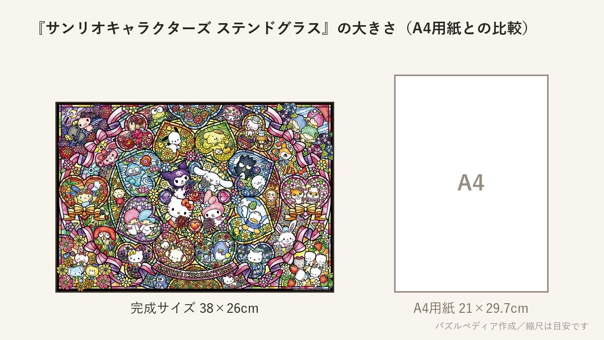 『サンリオキャラクターズ ステンドグラス』の完成サイズ(38×26cm)とA4用紙の大きさの比較図
