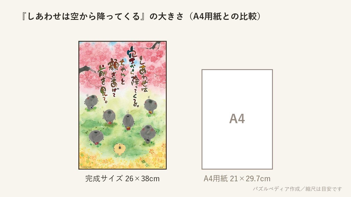 『しあわせは空から降ってくる』の完成サイズ(26×38cm)とA4用紙の大きさの比較図