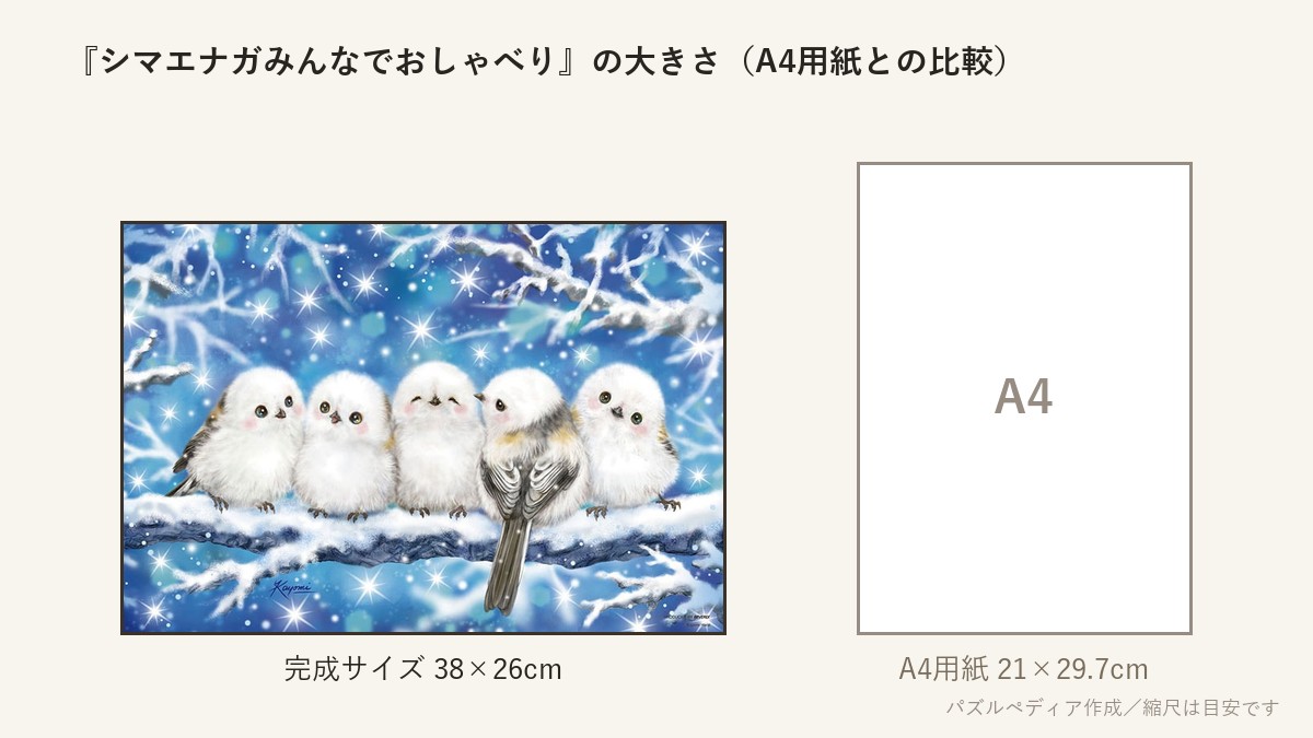 『シマエナガみんなでおしゃべり』の完成サイズ(38×26cm)とA4用紙の大きさの比較図