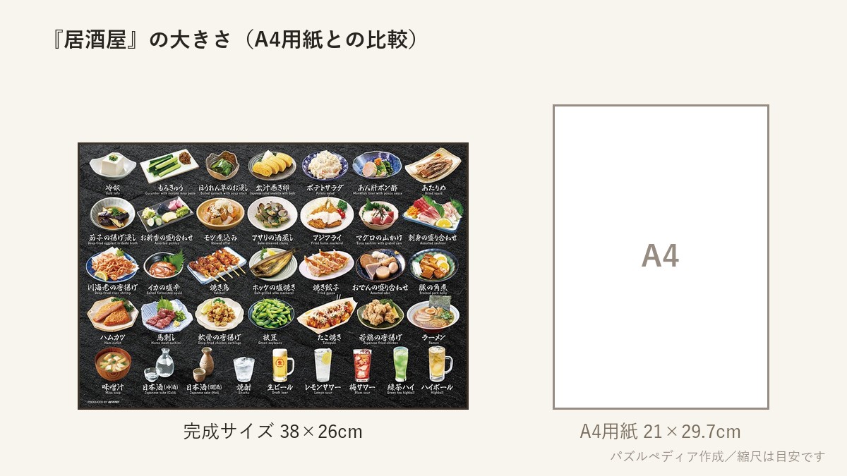 『居酒屋』の完成サイズ(38×26cm)とA4用紙の大きさの比較図