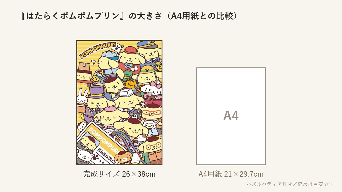 『はたらくポムポムプリン』の完成サイズ（26×38cm）とA4用紙の大きさの比較図