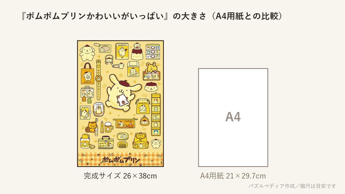 『ポムポムプリンかわいいがいっぱい』の完成サイズ(26×38cm)とA4用紙の大きさの比較図