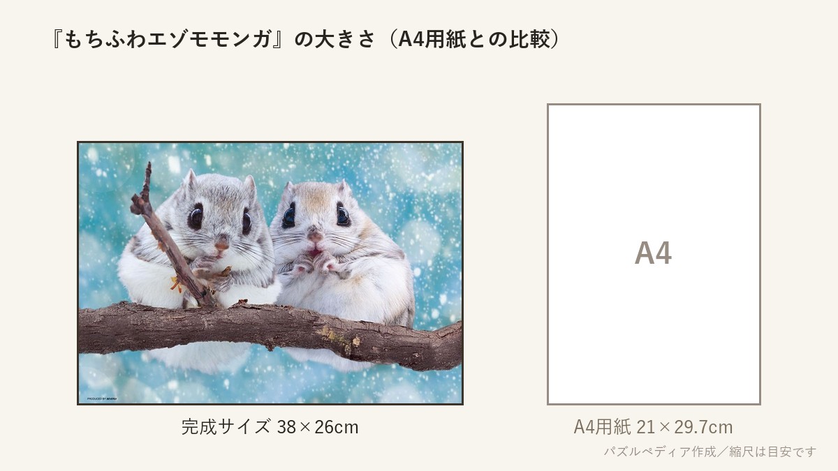 『もちふわエゾモモンガ』の完成サイズ(38×26cm)とA4用紙の大きさの比較図