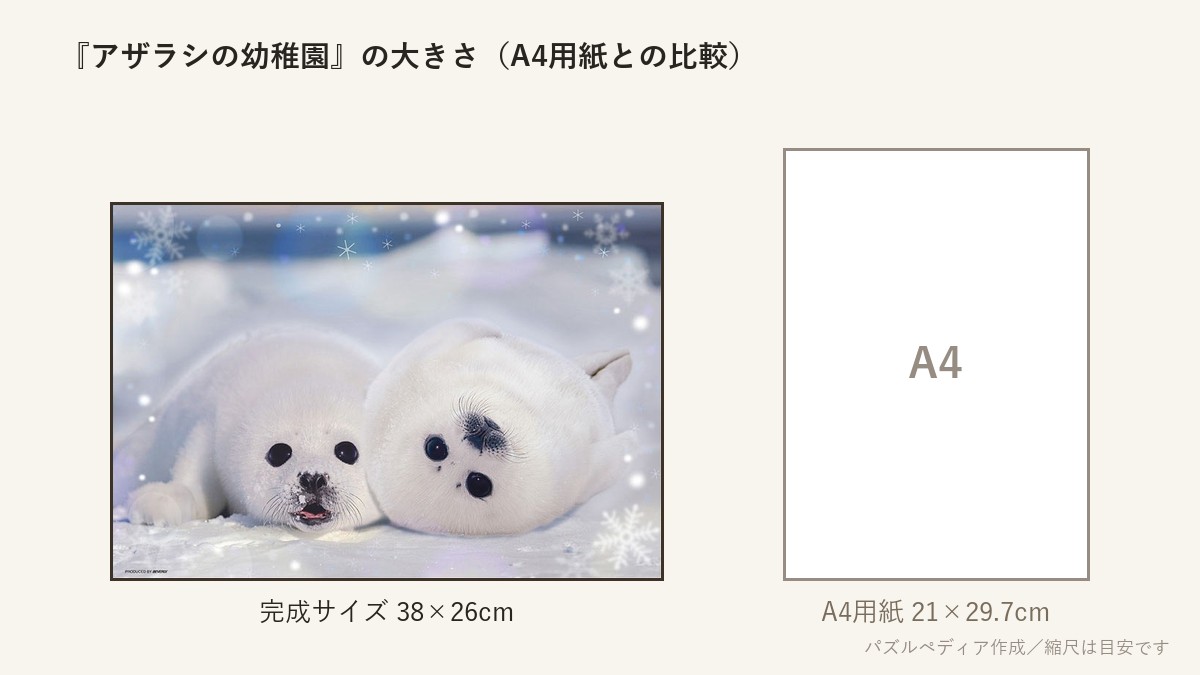 『アザラシの幼稚園』の完成サイズ(38×26cm)とA4用紙の大きさの比較図