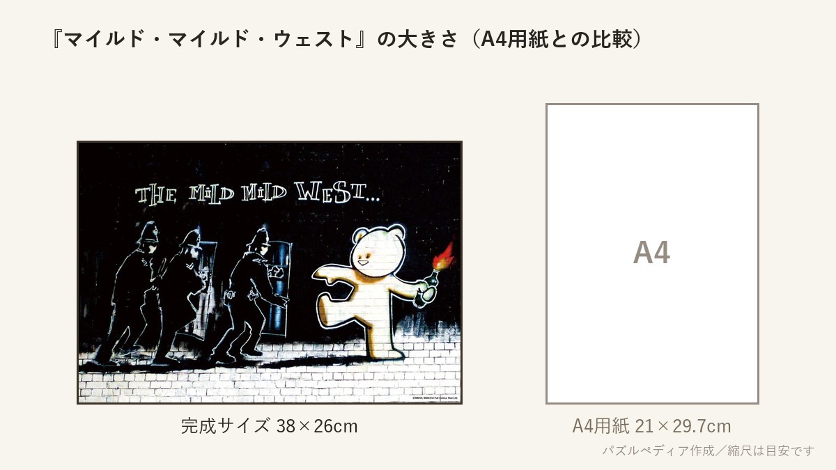 『マイルド・マイルド・ウェスト』の完成サイズ(38×26cm)とA4用紙の大きさの比較図