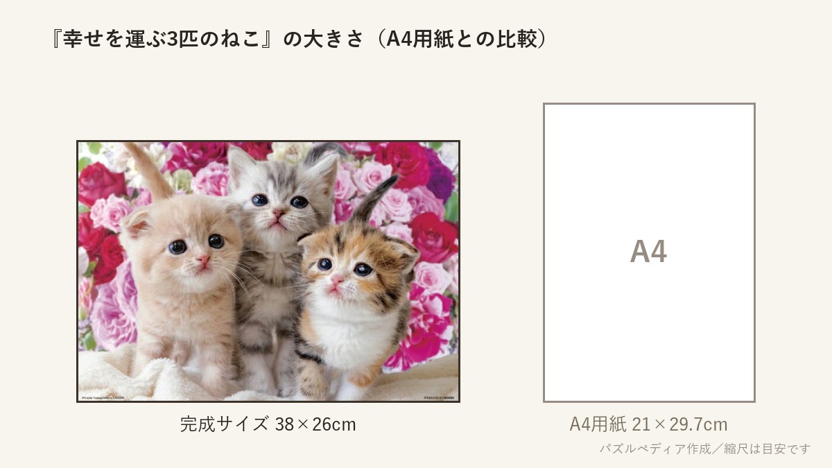 『幸せを運ぶ3匹のねこ』の完成サイズ(38×26cm)とA4用紙の大きさの比較図