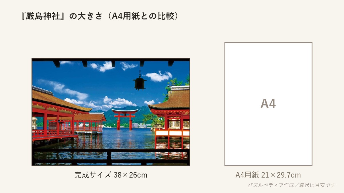 『厳島神社』の完成サイズ(38×26cm)とA4用紙の大きさの比較図