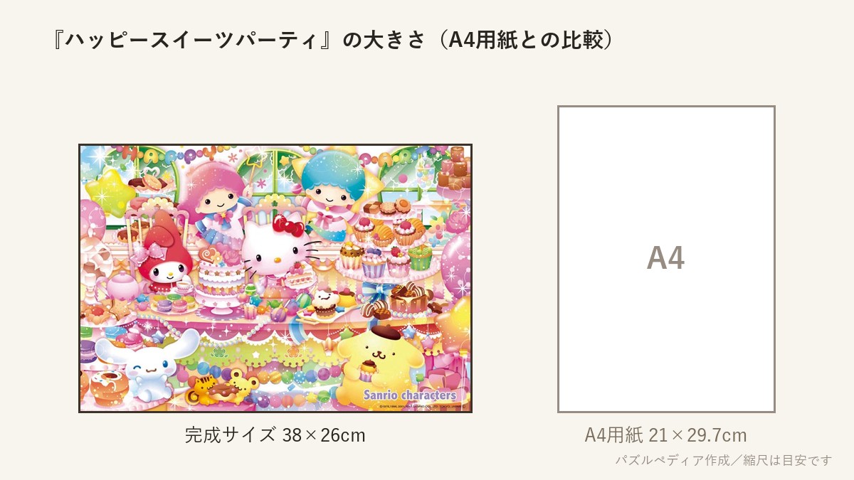 『ハッピースイーツパーティ』の完成サイズ(38×26cm)とA4用紙の大きさの比較図