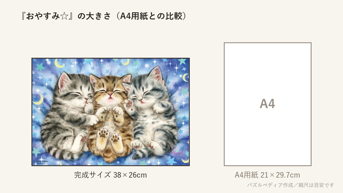 『おやすみ☆』の完成サイズ(38×26cm)とA4用紙の大きさの比較図