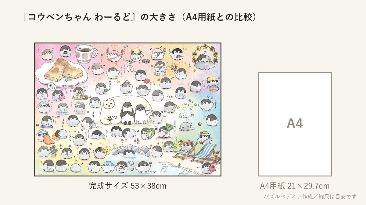 『コウペンちゃん わーるど』の完成サイズ(53×38cm)とA4用紙の大きさの比較図