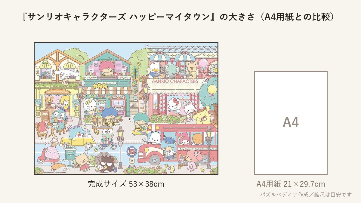 『サンリオキャラクターズ ハッピーマイタウン』の完成サイズ(53×38cm)とA4用紙の大きさの比較図