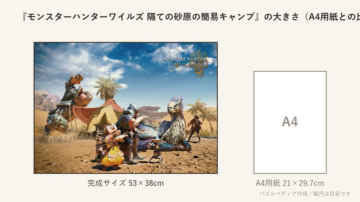 『モンスターハンターワイルズ 隔ての砂原の簡易キャンプ』の完成サイズ（53×38cm）とA4用紙の大きさの比較図