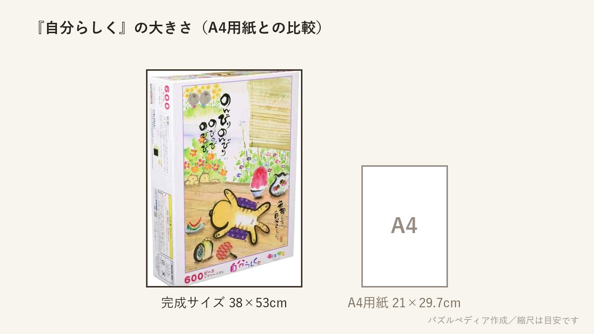 『自分らしく』の完成サイズ(38×53cm)とA4用紙の大きさの比較図