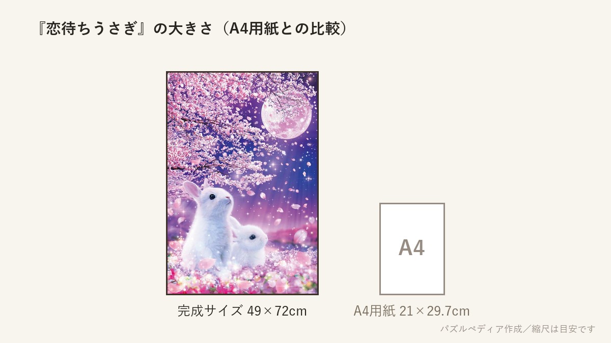 『恋待ちうさぎ』の完成サイズ(49×72cm)とA4用紙の大きさの比較図