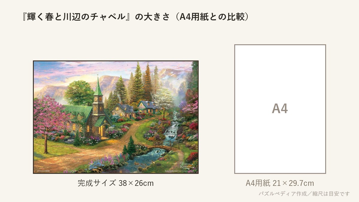 『輝く春と川辺のチャペル』の完成サイズ(38×26cm)とA4用紙の大きさの比較図
