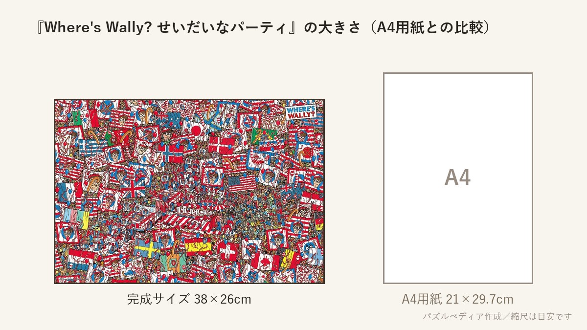 『Where's Wally? せいだいなパーティ』の完成サイズ(38×26cm)とA4用紙の大きさの比較図